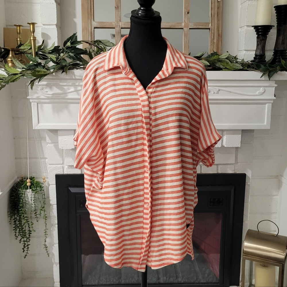 Bucket List Coral And Cream Striped Dolman Sleeve Oversized Button Shirt Medium